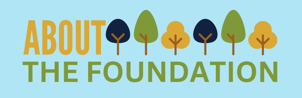 Blue background with tree graphics and the words "ABOUT THE FOUNDATION"